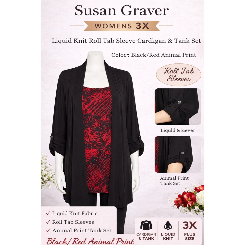 Susan Graver Womens 3X Liquid Knit Roll Tab Sleeve Cardigan & Tank Set A225110